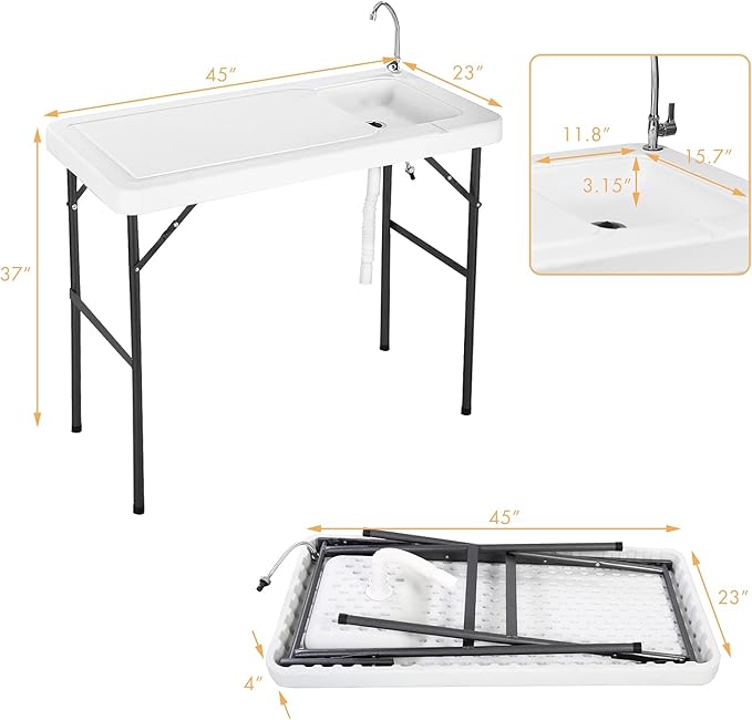 Fish Cleaning Table with Sink Portable Camping Table w/Flexible Faucet Drainage Hose Hook Up Outdoor Fish Cleaning Station for Garden Backyard Kitchen