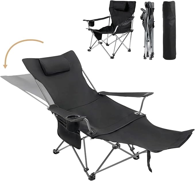 Reclining Camping Chair with Removable Footrest Adjustable Camping Lounge Beach Chair with Padded Headrest Cup Holder &amp Carry Bag Camp Chair with Foot Rest Lawn Chairs for Camp FishingOffice