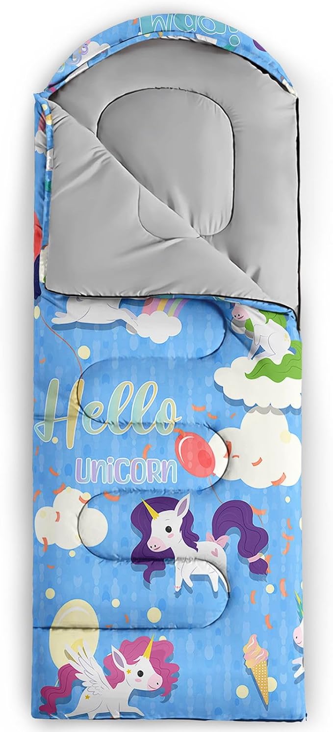 Kids Sleeping Bag for Boys GirlsCartoon Blue Unicorn Print-Lightweight Warm Portable Outdoor Indoor-Waterproof Cold Weather Resistant Sleeping Bag for Camping Hiking