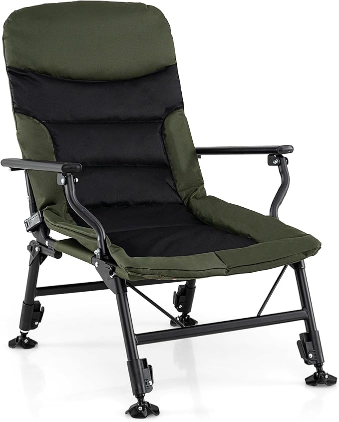 GYMAX Foldable Fishing Chair Heavy Duty Oversized All-Terrain Camping Chair 180° Adjustable Padded High-Back Portable Recliner for Outdoor Patio Beach (No Footrest)