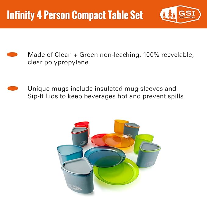 GSI Outdoors Infinity 4 Person Compact Nesting Tableset for Ultra-Light and Compact with Cup Bowls and Plates for Camping RV or BBQ