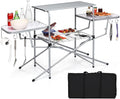 Tangkula Folding Grill Table Aluminum Camping Kitchen Table with Cook Station Hooks Portable Camp Cook Table with Storage Organizer Shelves Carrying Bag Ideal for Picnic BBQ Party Outdoor