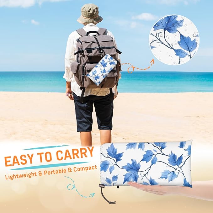 Waterproof Sandproof Beach Blanket 59''×68'' Branch Blue Leaves Polyester Outdoor Picnic Blanket with 4 Stakes &amp Storage Bag for BeachCampingVacation White