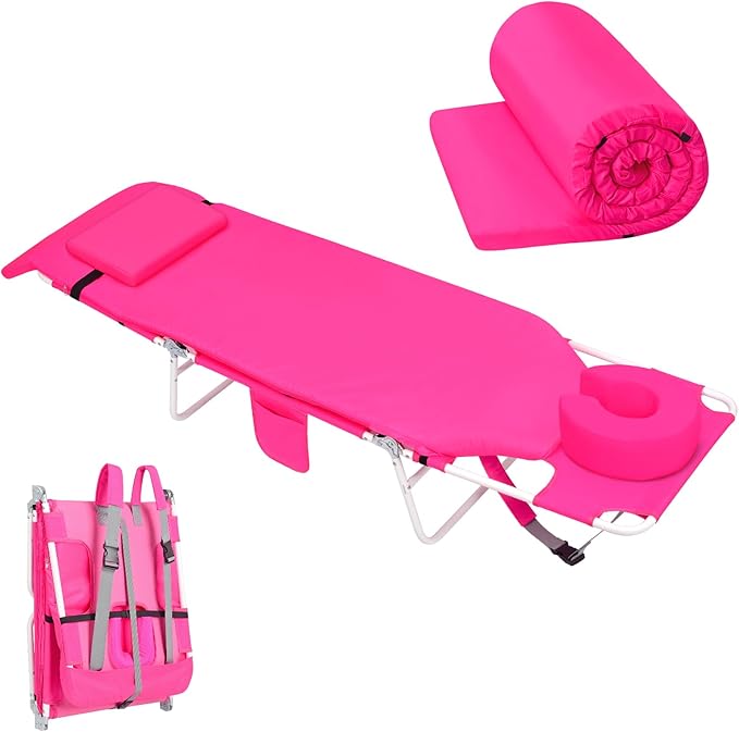 3 in 1 Women Comfort Backpack Beach Tanning Lounge Chair with Cushion Face Hole Softer Padded Adjustable Washable Layout Sun Chair for Adults Outside Reading Sunbathing Poolside 6 Position Pink