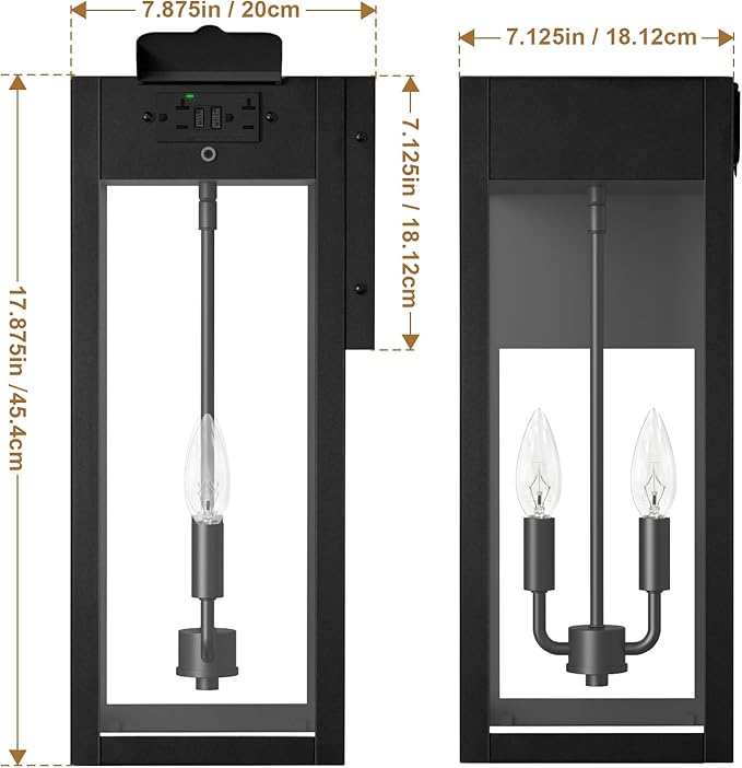 2-Pack 17.87 Extra Large Outdoor Wall Lights with GFCI Outlet Black 2-Light Porch Lights Outdoor Waterproof Exterior Lamp with E12 Sockets for House Porch Patio Garage