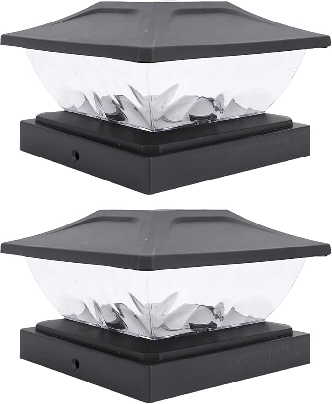 2 Pack Solar Post Light with Unique Frameless Water Wave Design Weatherproof Deck Fence Cap Light for Patio Porch Ideal for Outdoor Lighting (Black)