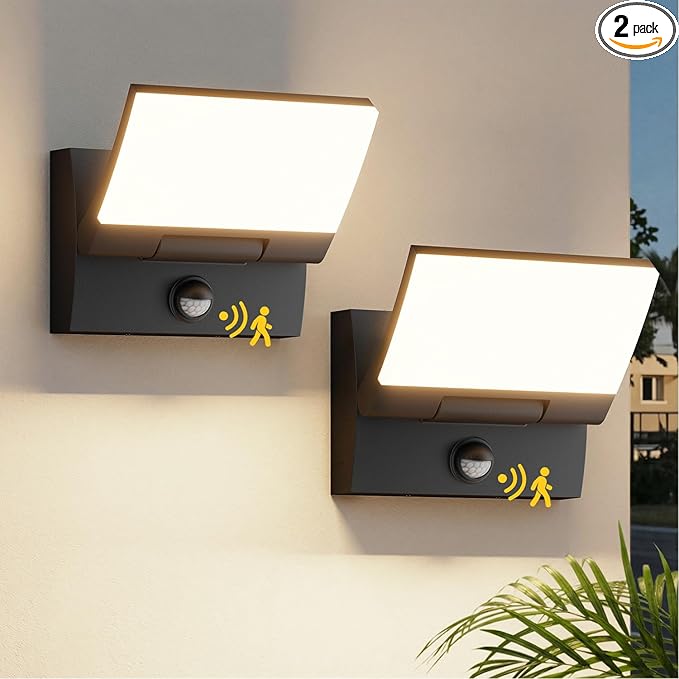 Motion Sensor LED Outdoor Wall Light 2-Pack Rotatable Adjustable Wall Sconce IP65 Waterproof Porch Light for House Garage Patio 3000K Warm White Matte Black Aluminum