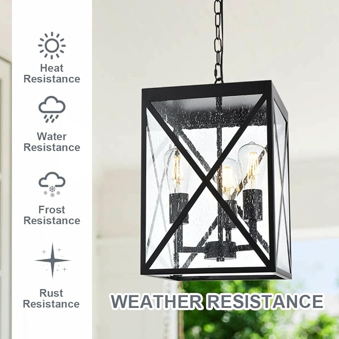 TODOLUZ Large Outdoor Pendant Light Black Exterior Ceiling Porch Light with Seeded Glass Panel Outdoor Chandelier Hanging Lantern for Garage Entryway Patio Front Door