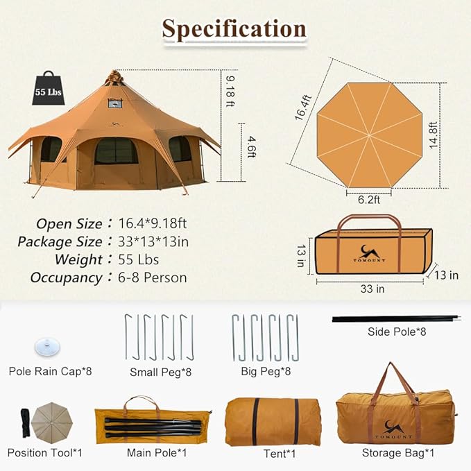TOMOUNT Canvas Bell Tent Wall Tent with Stove Jack for Camping Glamping Yurt Dia.16.4ft*9.2ft