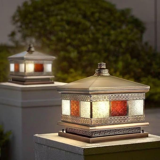 All Copper Steel Glass Outdoor Post lights Waterproof Pillar Light Vintage Patio Lawn Column Lampoutdoor column lightsDeck Lights Lantern Fence Lamp Fixture E26 Base (Flower glass 16X16IN)
