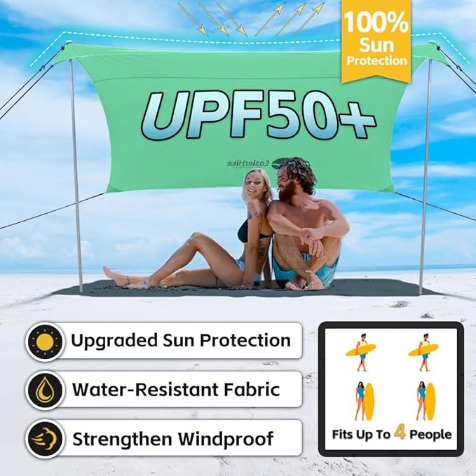 Beach Shade Tent 7 × 7.15 Ft Portable Easy Pop Up Beach Canopy UPF50+ Sun Protection Shelter Windproof &amp Water Resistant Stable with 4 Sandbags &amp Windproof Cords Perfect for Family