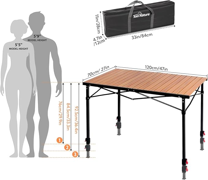 Portable Outdoor Adjustable Height Camping Table Large for 2-6 Person Foldable Roll-up Aluminum Camp Table with Carry Bag for Picnic Camp Sturdy Stable Loads 220 Lbs