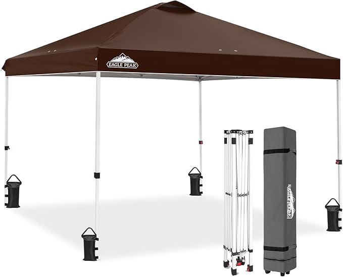 EAGLE PEAK Pop Up Canopy Tent with Wheeled Carry Bag 8 Stakes 4 Ropes 4 Weight Bags Easy Set Up Tent Canopy 10x10 ft 100sqft of Shade Brown