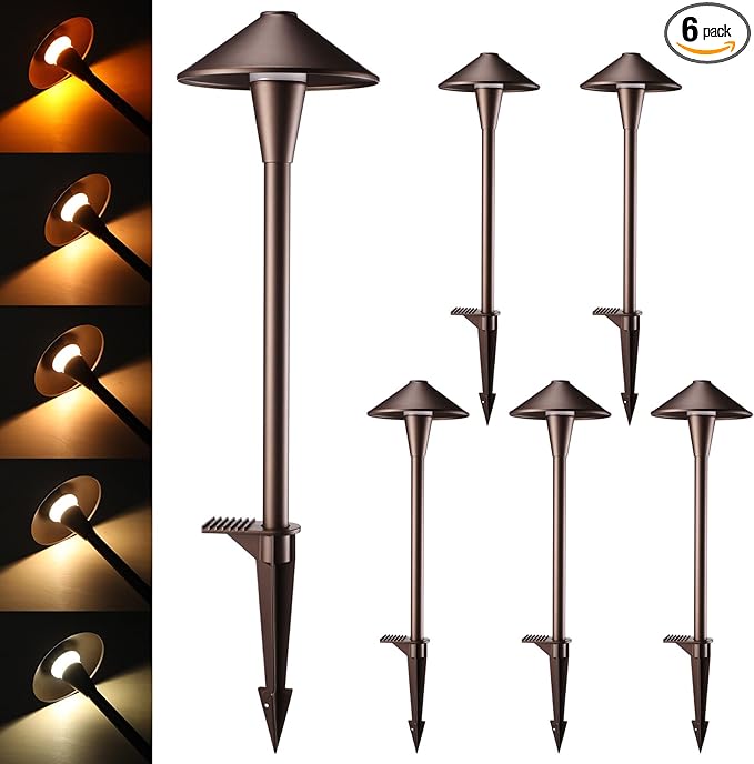 LEONLITE Update 5CCT Low Voltage Pathway Lights LED Landscape Path Lights 1800/2700/3000/4000/5000K Flat Cone Head 12-24V AC/DC IP65 Outdoor Walkway Light Oil Rubbed Bronze Aluminum Pack of 6