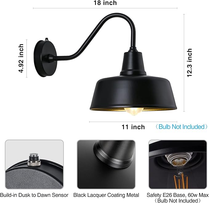 Gooseneck Barn-Lights Outdoor Fixture - 11 inch Farm Style Black Large Lighting Farmhouse Exterior Sconce Wall Light for House Dusk to Dawn Sensor Front Door Porch Garage (11 inch)