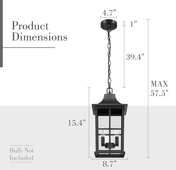 Emliviar Dusk to Dawn 2-Light Large Porch Light Outside Chandelier for Yard 15.4 Black Hanging Lantern Light Fixture with E12 Base Clear Glass YXE306H-M-PC BK