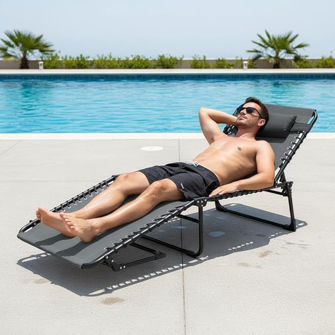 Outdoor Chaise Lounge Chair Folding Tanning Chair with 5-Position Adjustable Backrest Portable Sun Lounger with Carry Handle Side Pocket and Removable Pillow for Beach Pool Patio Camping Gray