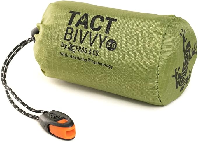 Survival Frog Tact Bivvy 2.0 Emergency Sleeping Bag with Stuff Sack Carabiner &amp Survival Whistle – Compact Lightweight Waterproof Reusable Thermal Bivy Sack Shelter Kit