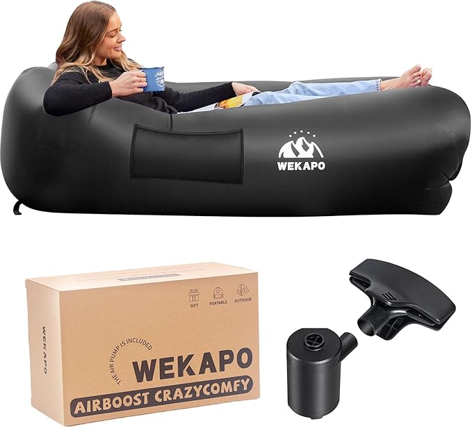 WEKAPO Inflatable Couch with Pump - Easiest Setup Crazy Comfy &amp Ultralight - Blow up Lounger Chair Perfect for Hiking Camping Beach Festivals - Lightweight Air Sofa for Relaxing Anywhere (Blac