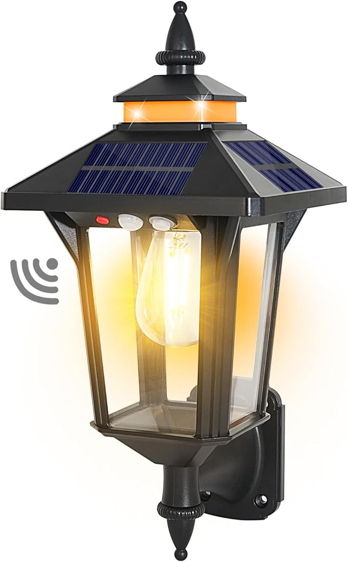 Solar Powered Wall Lantern Lights Outdoor with 3 Modes Motion Sensor Solar Wall Light Waterproof Dusk to Dawn LED Exterior Front Porch Lights Fixtures Wall Mount for Garage House Patio Doorway Yard