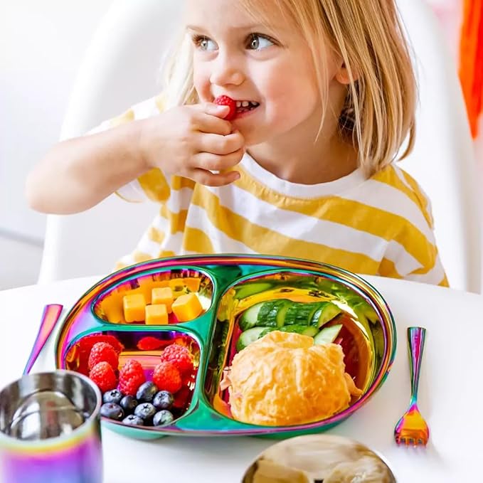 Ahimsa Stainless Steel Kids Dinnerware Set Pediatrician Designed 5 Piece Toddler Plates and Bowls Set Stainless Steel Divided Plate Cup and Kids Utensils Rainbow