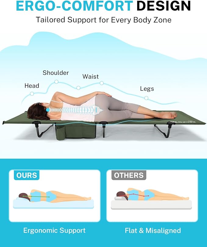 Gonex 31.5 Extra Wide Camping Cot with Premium Pillow Pocket Supports 350lbs Portable Ultralight Folding Cot Bed for Adults Travel Beach Home Sleeping (Army Green)