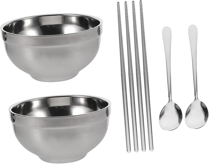 STOBAZA Portable Retro Stainless Steel Bowl Set Chopsticks and Spoons 3-Piece Tableware for Family Dining Dishwasher Safe
