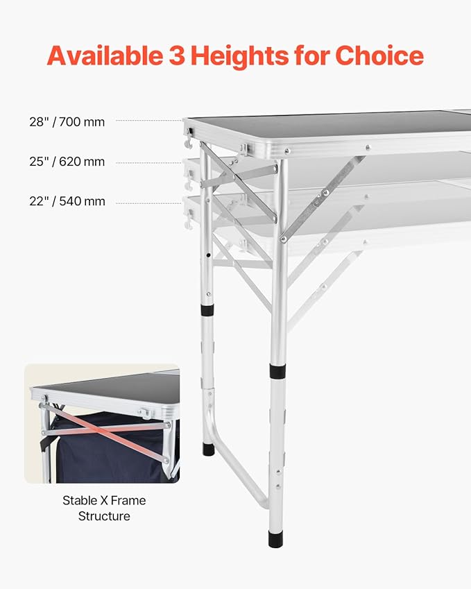 VEVOR Camping Kitchen Table Folding Outdoor Cooking Table 3 Adjustable Height Aluminum Lightweight Portable Cook Station with Storage Organizer Carry Handle for BBQ Party Picnic RV Travel Blue