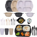 24 Pcs Wheat Straw Dinnerware Cutlery SetsUnbreakable Divided Plates Bowls Cups Spoon Knife Fork for 4 PeopleMicrowave Dishwasher Safe Tableware Cutlery for Party and Daily UseMix Color 1