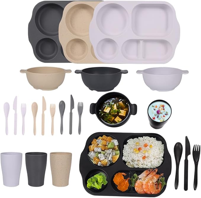 24 Pcs Wheat Straw Dinnerware Cutlery SetsUnbreakable Divided Plates Bowls Cups Spoon Knife Fork for 4 PeopleMicrowave Dishwasher Safe Tableware Cutlery for Party and Daily UseMix Color 1