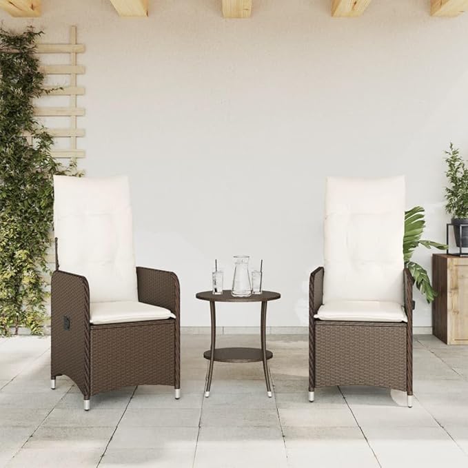 Reclining Garden Chair Set of 2 Brown Adjustable Outdoor Loungers with Side Table Durable Patio Seating for Backyard Relaxation