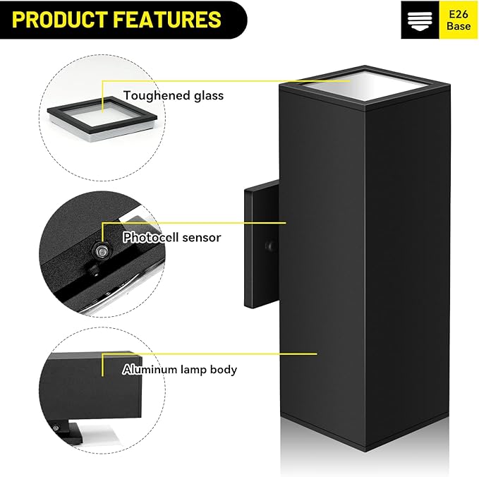 2-Pack Exterior Wall Light Fixtures Outdoor Waterproof Wall Sconce with Dusk to Dawn Photocell Sensor Modern Porch Lights Outdoor Up Down for Patio Entryway Front Door