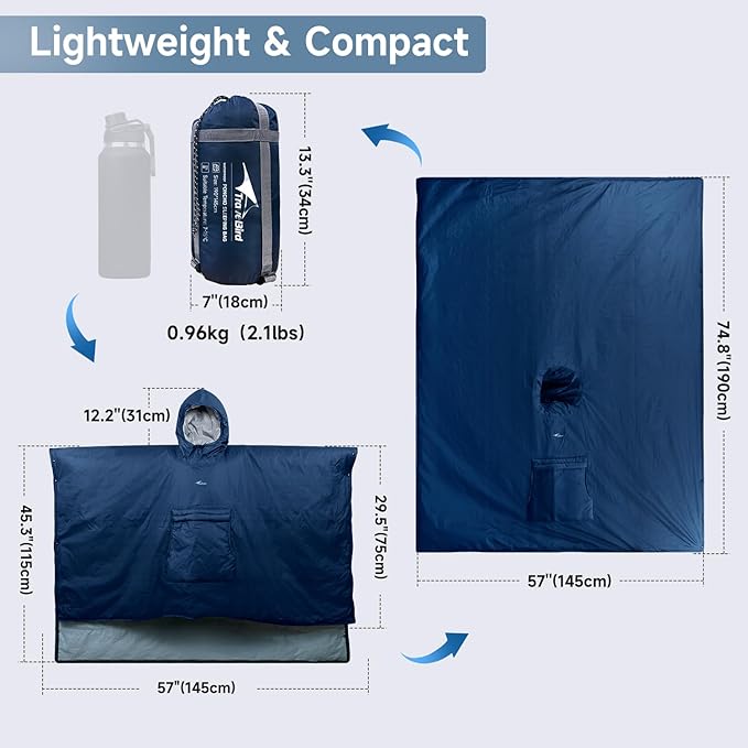 Sleeping Bag for Adult Wearable Blanket Insulated Poncho Hooded Sleepingbag Quilt for Winter Camping Hiking Sports