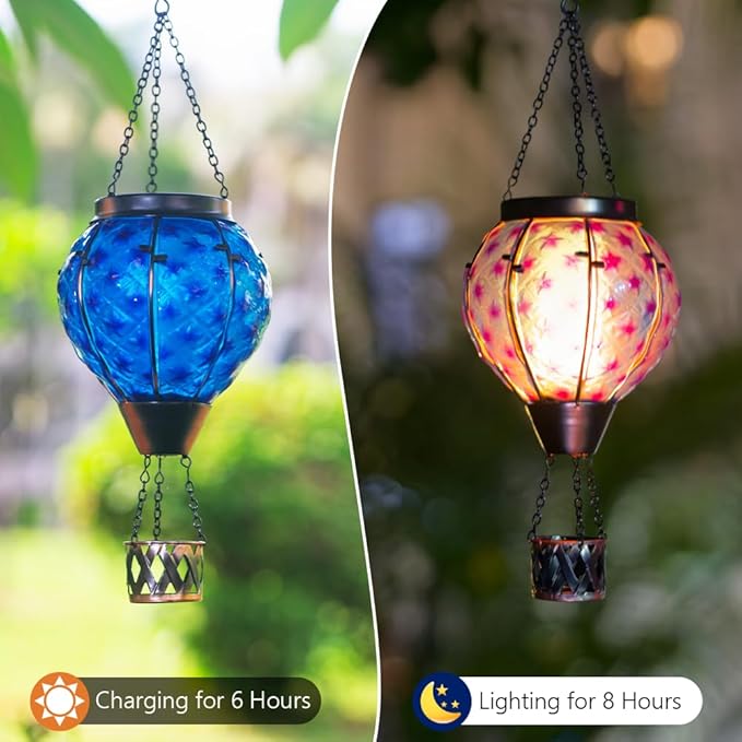 Solar Hot Air Balloon Lantern with FlameGlass Solar Hanging Lights Outdoor WaterproofHot Air Balloon Solar Blue Star Lamp Decorative for Lawn Porch Tree Yard