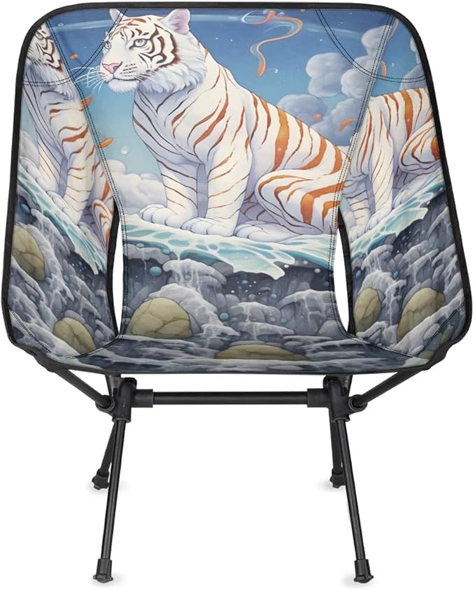 Portable Camping Chair Ocean Waves Tiger Ultralight Folding Camping Chair Backpacking Hiking Chair with Cup Holder for Outdoor Travel Beach Picnic Festival Compact Portable 176 lbs Capacity