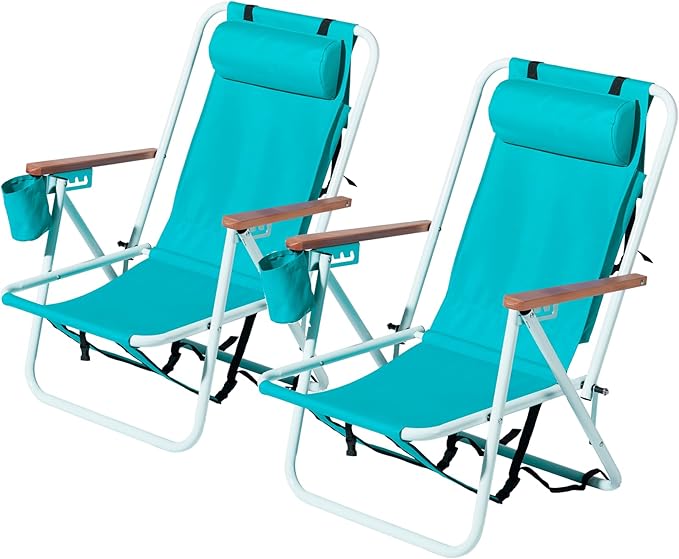 Folding Backpack Beach Chair 4 Position Portable Camping Chair with Headrest Cup Holder and Wooden Armrests (Sky Blue 2 Packs)