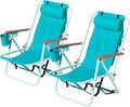Folding Backpack Beach Chair 4 Position Portable Camping Chair with Headrest Cup Holder and Wooden Armrests (Sky Blue 2 Packs)