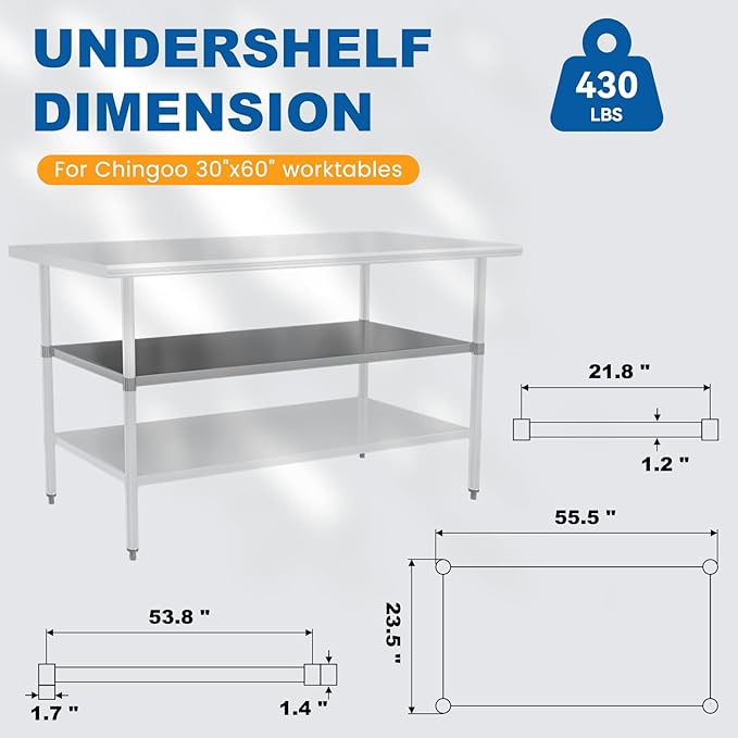 Stainless Steel Undershelf 30x60 Inches for Commercial Work Table - Bottom Shelf Add-On Extra Storage for NSF Kitchen Restaurant Café Bakery or Food Prep Stations