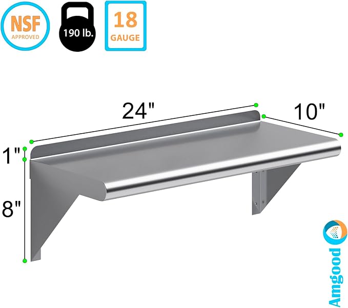 AmGood 10 X 24 Stainless Steel Wall Shelf | Metal Shelving | Garage Laundry Storage Utility Room | Restaurant Commercial Kitchen | NSF