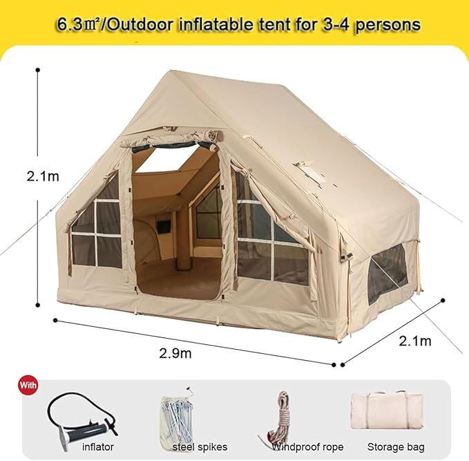6m² Inflatable Tents for Camping 3-5 Person Pop Up Outdoor Tent 420D Oxford Glamping Tent with 2 Doors &amp 4 Mesh Windows 4 Seasons Easy Setup Windproof Luxury Tents for Family