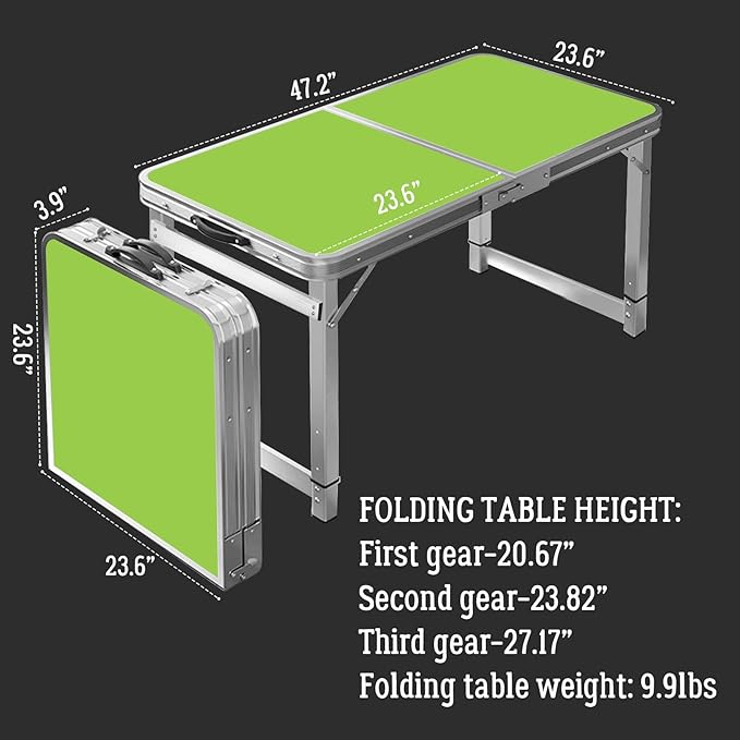 DEOMAi 4ft Folding Table without Installation Indoor Outdoor Adjustable Height foldable Table with Carrying Handle Suitable for Camping Picnics PartiesBanquets and Various other Occasions (Green)