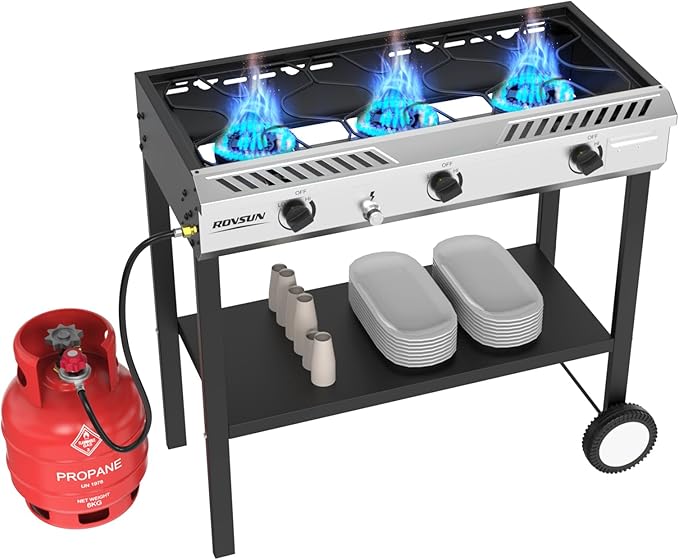 ROVSUN 3 Burner Outdoor Propane Burner with Ignition &amp Regulator 225000 BTU Powerful &amp Portable Gas Stove Outdoor Stand Cooker for Backyard Patio Cooking Home Camping Brewing Canning Turkey