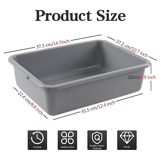 Ramddy 8 L Food Service Commercial Bus Tubs 4 Packs Small Rectangle Wash Basin Dishpan Grey