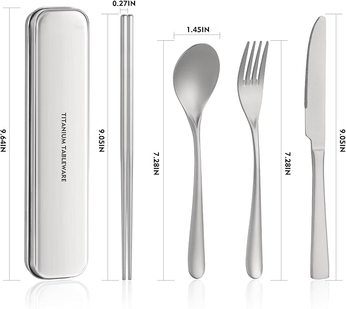 Titanium utensil travel set portable lunch silverware set with box including titanium chopsticks spoon fork knife reusable suitable for office and outdoor dining (Titanium gray 4-piece set)