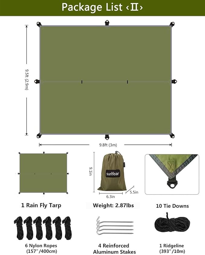 Sunyear Hammock Camping with Rain Fly Tarp and Net Portable Camping Hammock Double Tree Hammock Outdoor Indoor Backpacking Travel &amp Survival 2 Tree Straps100% Waterproof