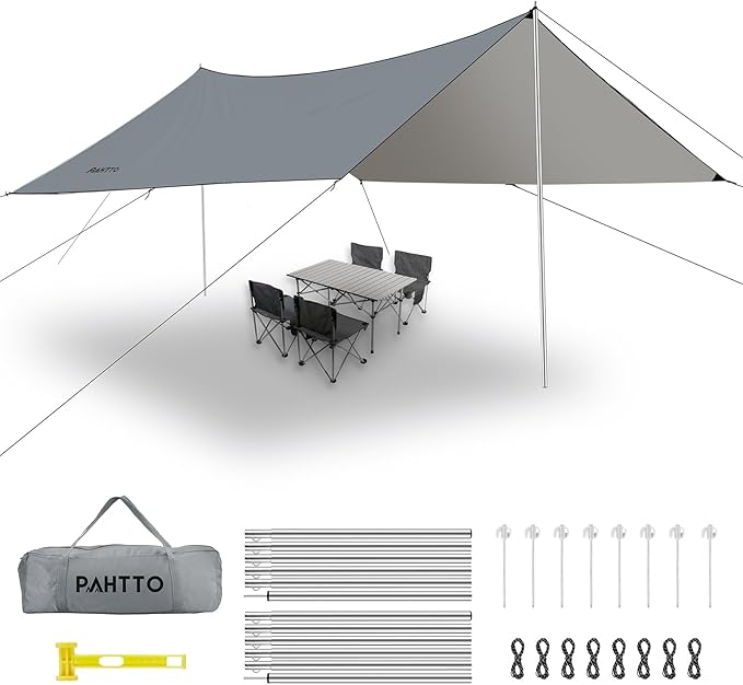 Camping Tarp with Poles 16x12 Ft Camping Canopy Waterproof Tent Tarp Rain Shelter for Camping PicnicBeach Outdoor Activities Extra Large Lightweight and UV Resistant Extra Large Grey