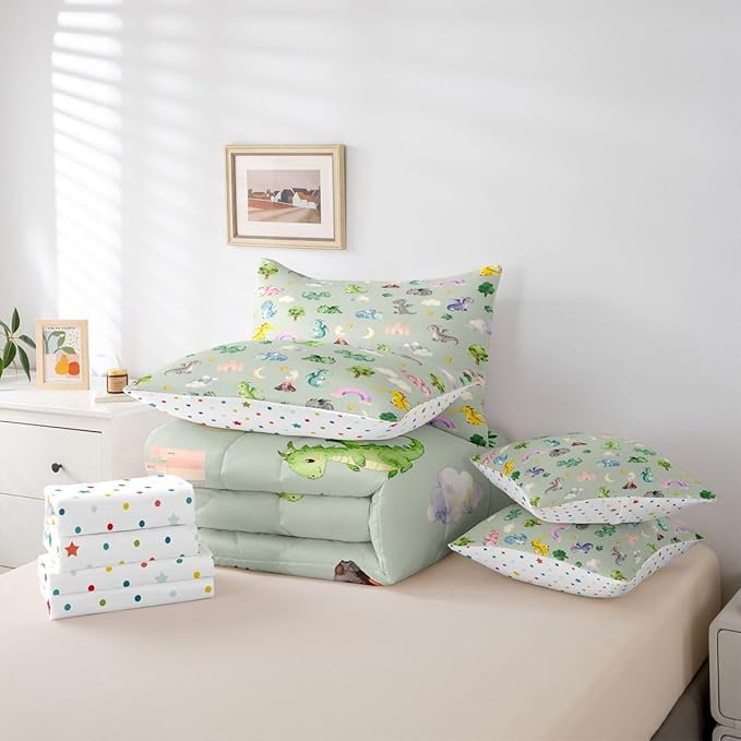 Baby Dragon 7 Piece Bedding Set Queen Size Animal Comforter Set with SheetsPillowcases &amp Cushion Cover for Boys Girls Bedroom Decor Cartoon Wildlife Bed in a Bag Microfiber Women Men Green Gray