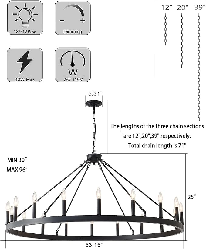 53 Inch Large Black Wagon Wheel Chandelier 18-Light Farmhouse Wagon Wheel Chandeliers Round Industrial Ceiling Light fixtures for Outdoor Porch high Ceilings Living Dining Room Foyer Entryway
