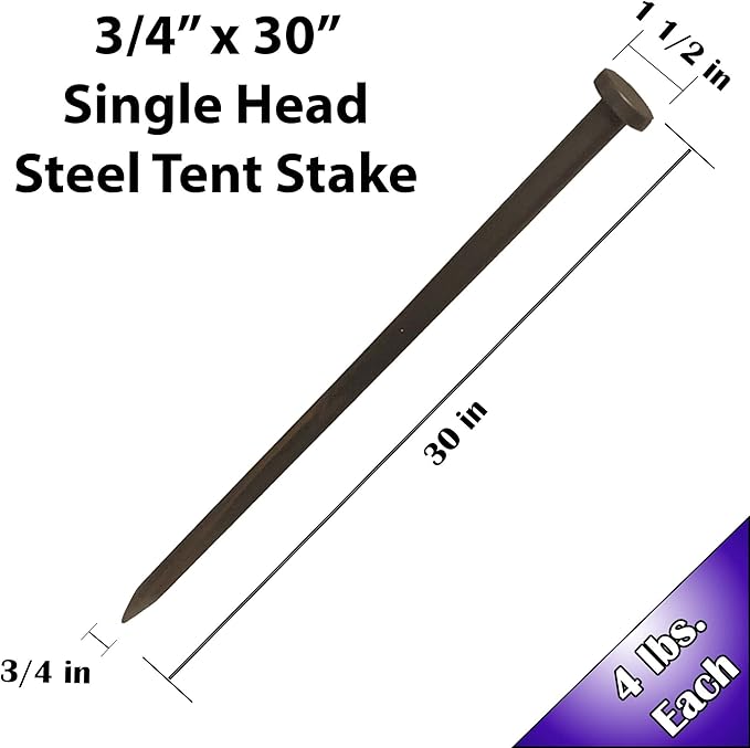 Single Head Tent Stakes - Heavy Duty Steel Tent Stakes Versatile Ground Spikes to Anchor Commercial Inflatables Party Tents and Outdoor Camping Shelters 3/4 x 30 Inch 10-Pack