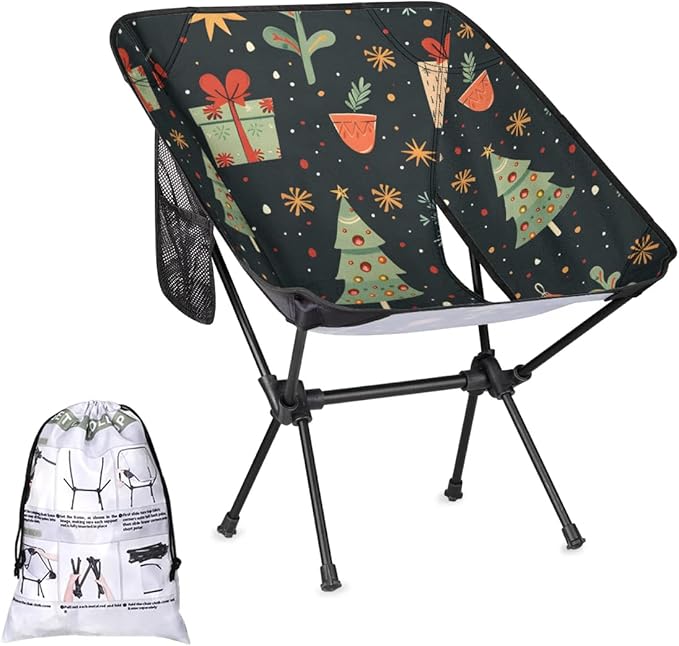 Portable Camping Chair Retro Xmas Tree Ultralight Folding Camping Chair Backpacking Hiking Chair with Cup Holder for Outdoor Travel Beach Picnic Festival Compact Portable 176 lbs Capacity